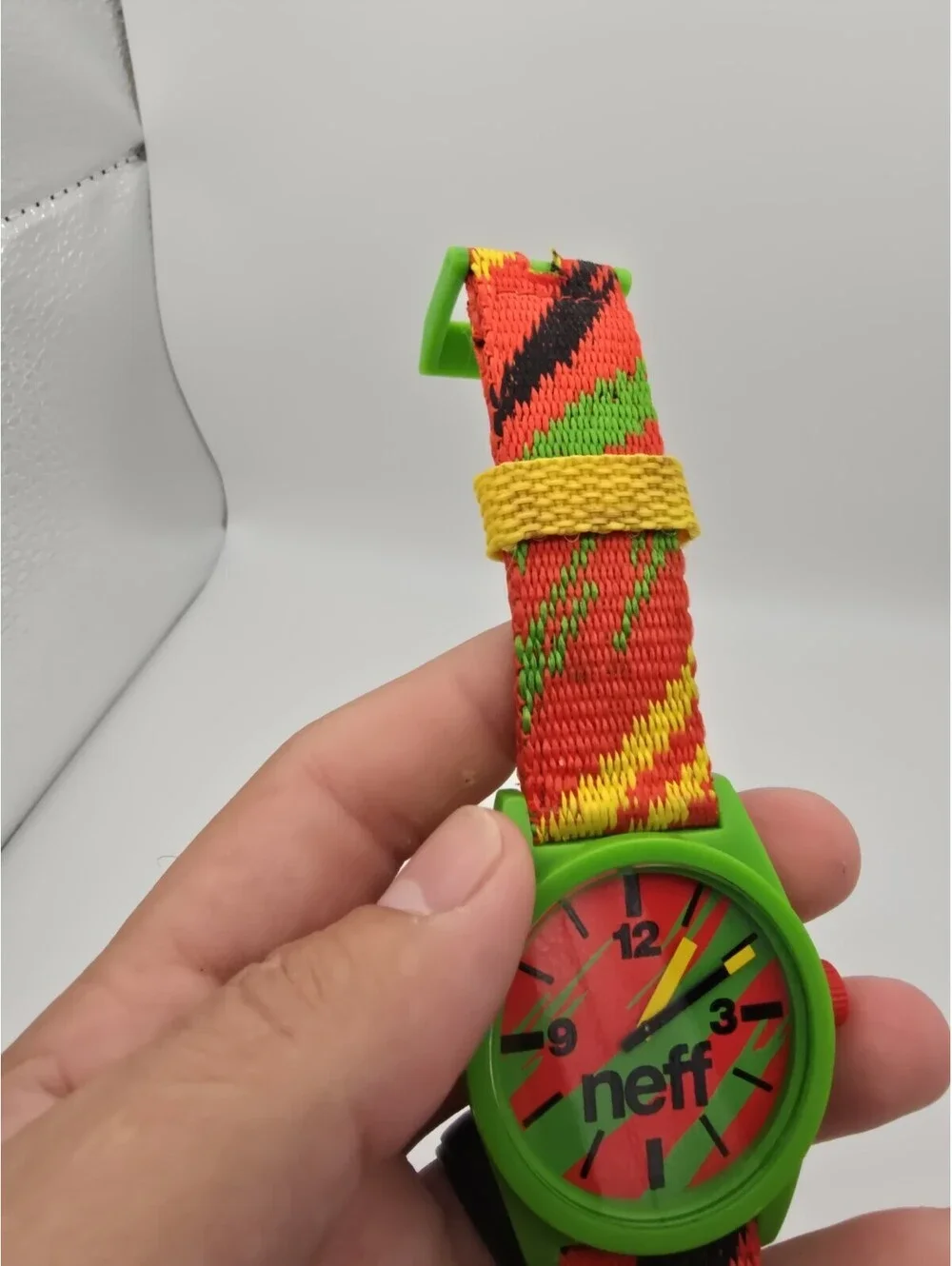 Neff Daily Quartz Analog Watch Green Plastic Case Red/Green Dial Nylon Strap 50m